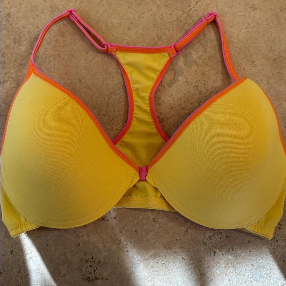 Fruit of the Loom Pink and Yellow Bra with Underwire and Front Closure.